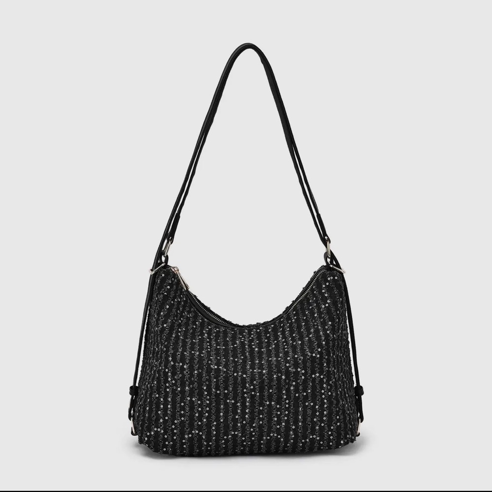 Dual Compartment Convertible Shoulder Bag/Backpack in Black Denim